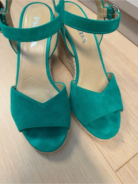 Prada Shoes - Prada Emerald Green Suede Espadrille Wedge Sandals Size 39